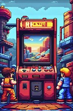 Pixel art illustration of a classic arcade game scene with characters navigating through obstacles,