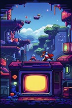 Pixel art illustration of a classic arcade game scene with characters navigating through obstacles,