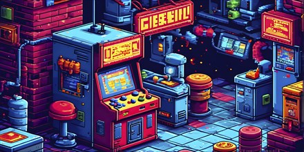 Pixel art illustration of a classic arcade game scene with characters navigating through obstacles,