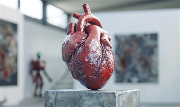 Realistic model of a human heart on a concrete pedestal AI generated