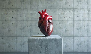 Realistic model of a human heart on a concrete pedestal AI generated