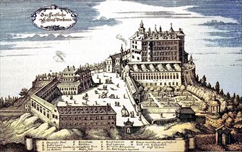 Ambras Castle in an engraving by Matthäus Merian, mid-17th century, Austria, digital reproduction