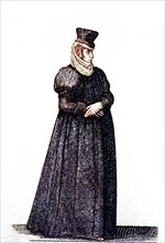 German woman's traditional costume in the 17th century, clothing of a bourgeois woman in Bern,