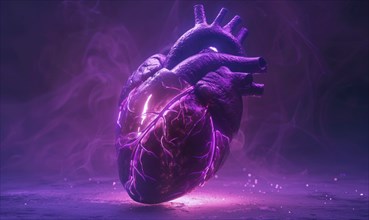 Realistic model of a human heart glowing with purple light AI generated