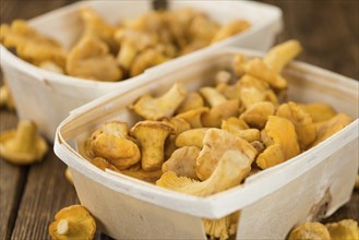 Chanterelles on a vintage background as detailed close-up shot, selective focus