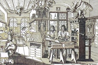 Printers and workers in a book printer's workshop in the 17th century, Germany, digital