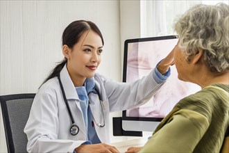 AI and illustration Young doctor advises senior citizen in practice, AI generated