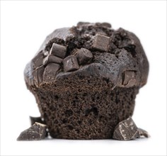 Chocolate Muffins isolated on white background (selective focus, close-up shot)