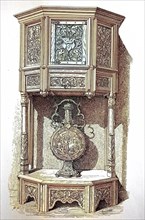 Six-sided credenza with carved panels from the 16th century, digital reproduction of an original