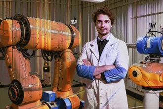 Ki illustration technician with industrial robot in a hall, AI generated