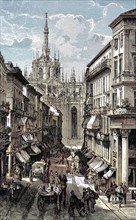 Street scene in Corso Vittorio Emanuele and the view of the cathedral in Milan, Italy, digital