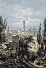 Part of the Giardino Giusti in Verona, view of the city from a hill, Italy, digital reproduction of