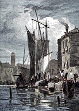 On the island of Giudecca in the Venetian Lagoon, Italy, harbour scenes, digital reproduction of an