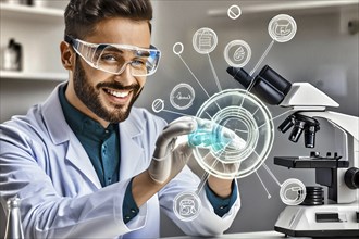 AI generated and illustration Smart technologist with lab goggles invents climate protection, AI