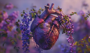 Realistic model of a human heart covered in blooming flowers and vines AI generated