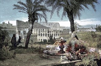 The Colosseum in Rome, seen from the Palatine Hill, Italy, digital reproduction of an original from