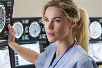 AI doctor female looks at radiology monitor, AI generated