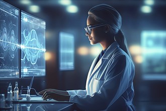 AI illustration doctor female looking at monitor radiology, AI generated