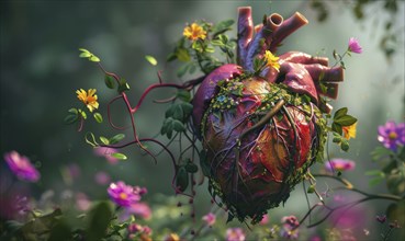 Realistic model of a human heart covered in blooming flowers and vines AI generated