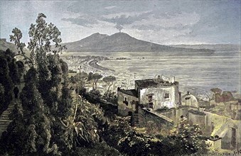 The city of Naples and the volcano Vesuvius, Italy, digital reproduction of an original from the