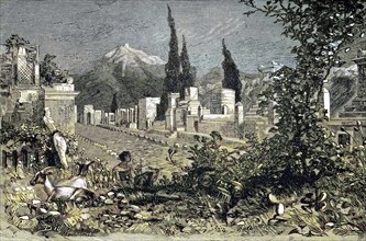 Tomb road in Pompeii, Italy, digital reproduction of an original from the 19th century, original