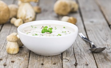 Homemade Porcini Soup on vintage background selective focus, close-up shot