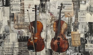 Artistic collage featuring two violins against a background of sheet music and vintage textures AI