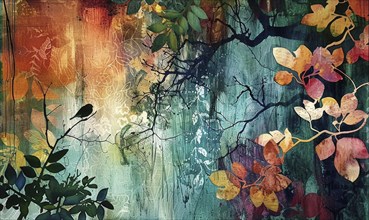 Abstract mixed media artwork featuring a bird on branches with colorful leaves, vibrant teal, and