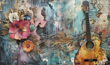 Vibrant mixed media artwork featuring a guitar and flowers with turquoise, pink, and blue tones AI