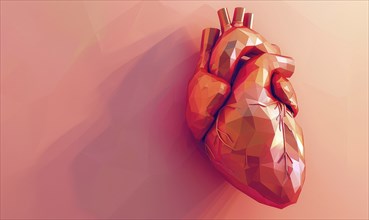 Low poly style illustration of a human heart on pink background AI generated