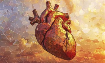 Low poly style illustration of a human heart, mosaic-like appearance AI generated