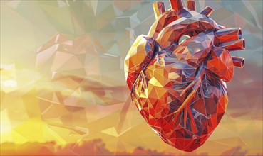 Low poly style illustration of a human heart, mosaic-like appearance AI generated