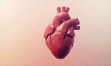 Low poly style illustration of a human heart on pink background AI generated