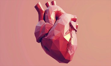 Low poly style illustration of a human heart on pink background AI generated