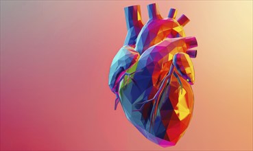 Low poly style illustration of a human heart on pink background AI generated