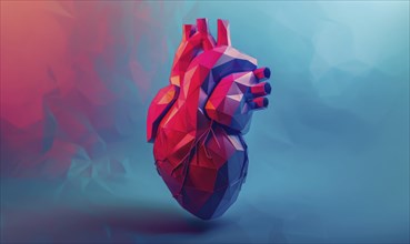 Low poly style illustration of a human heart on blue background AI generated