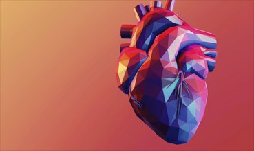 Low poly style illustration of a human heart on red background AI generated