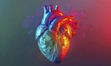 Low poly style illustration of a human heart on red background AI generated