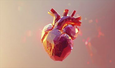 Low poly style illustration of a human heart on red background AI generated