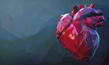 A polygonal heart with red, blue, and green colors displayed in an abstract, low poly digital art