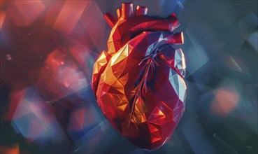 A vivid polygonal heart with red, orange, and blue hues in a low poly, abstract digital art style