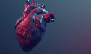 Low poly digital heart with red and blue colors on a gradient background AI generated