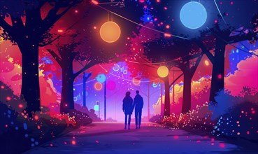 A couple walking down a path with colorful lights and lanterns. Scene is romantic and dreamy AI