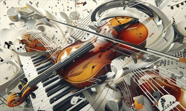 Artistic depiction of a violin and piano surrounded by dynamic abstract shapes and musical notes in