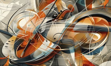 Dynamic modern art with abstract geometric shapes and violins in shades of orange, white, and black