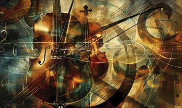 Energetic composition featuring violins and musical sheets with warm tones and abstract elements AI