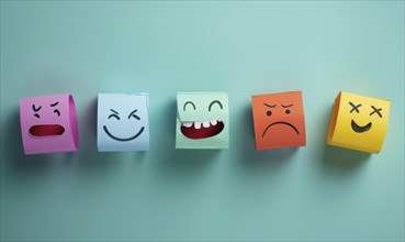 A row of paper cutouts of different emotions, including a smiley face and a frowning face AI