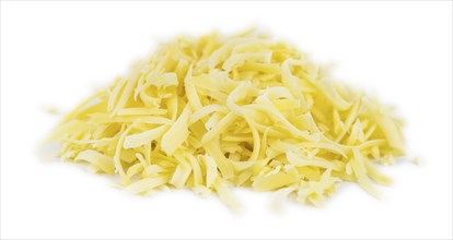 Grated Cheese isolated on white background (close-up shot, selective focus)