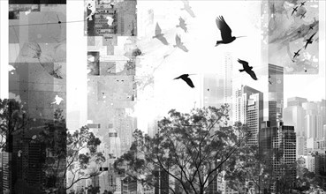 Surreal monochrome artwork featuring birds, cityscape, and trees with a focus on vertical elements