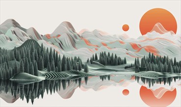 Surreal landscape with mountains and trees reflecting in a lake at sunset, creating a serene